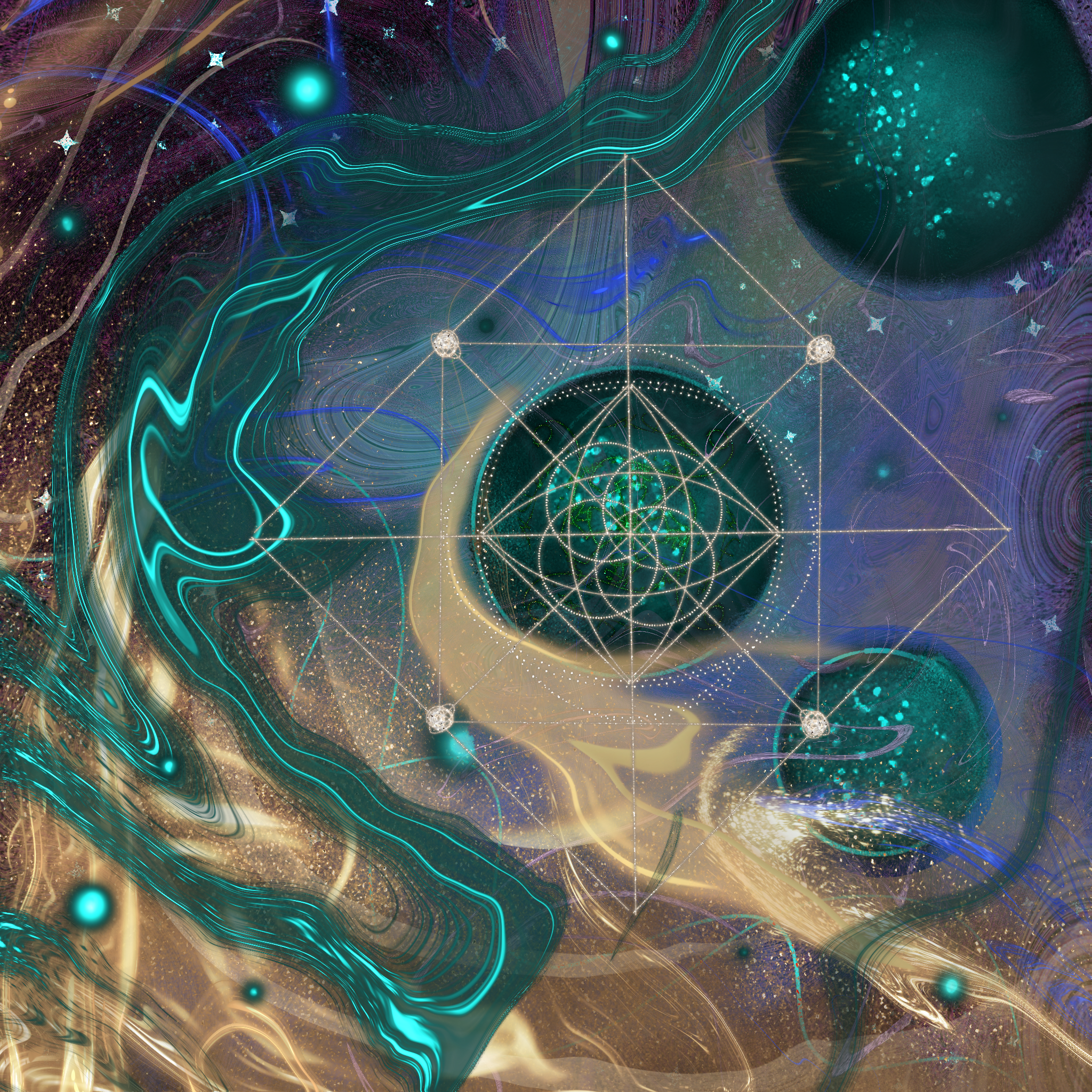 Teal, violet, and gold cosmic geometry with planets