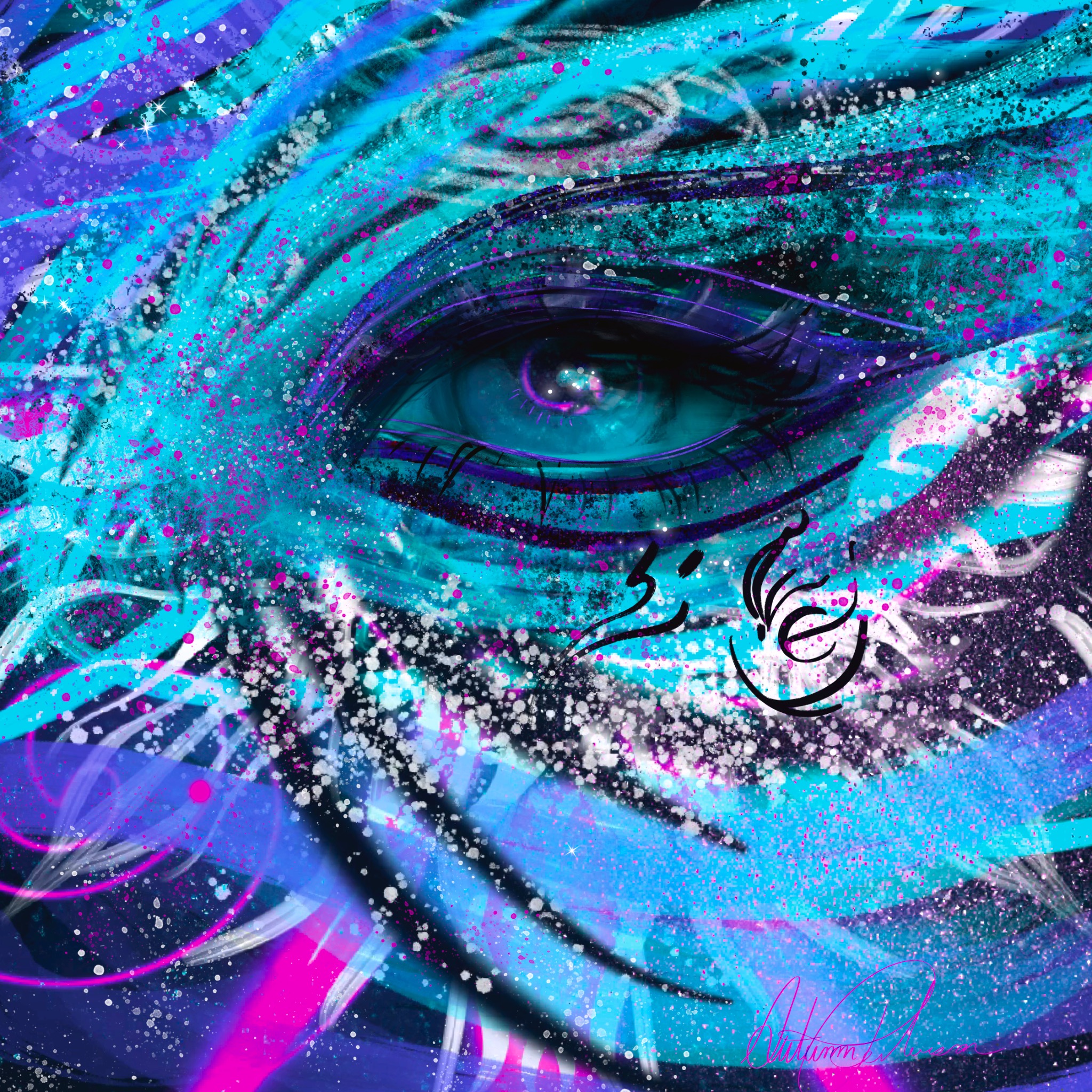 Cyan and magenta painted eye with an Ankhoric mark