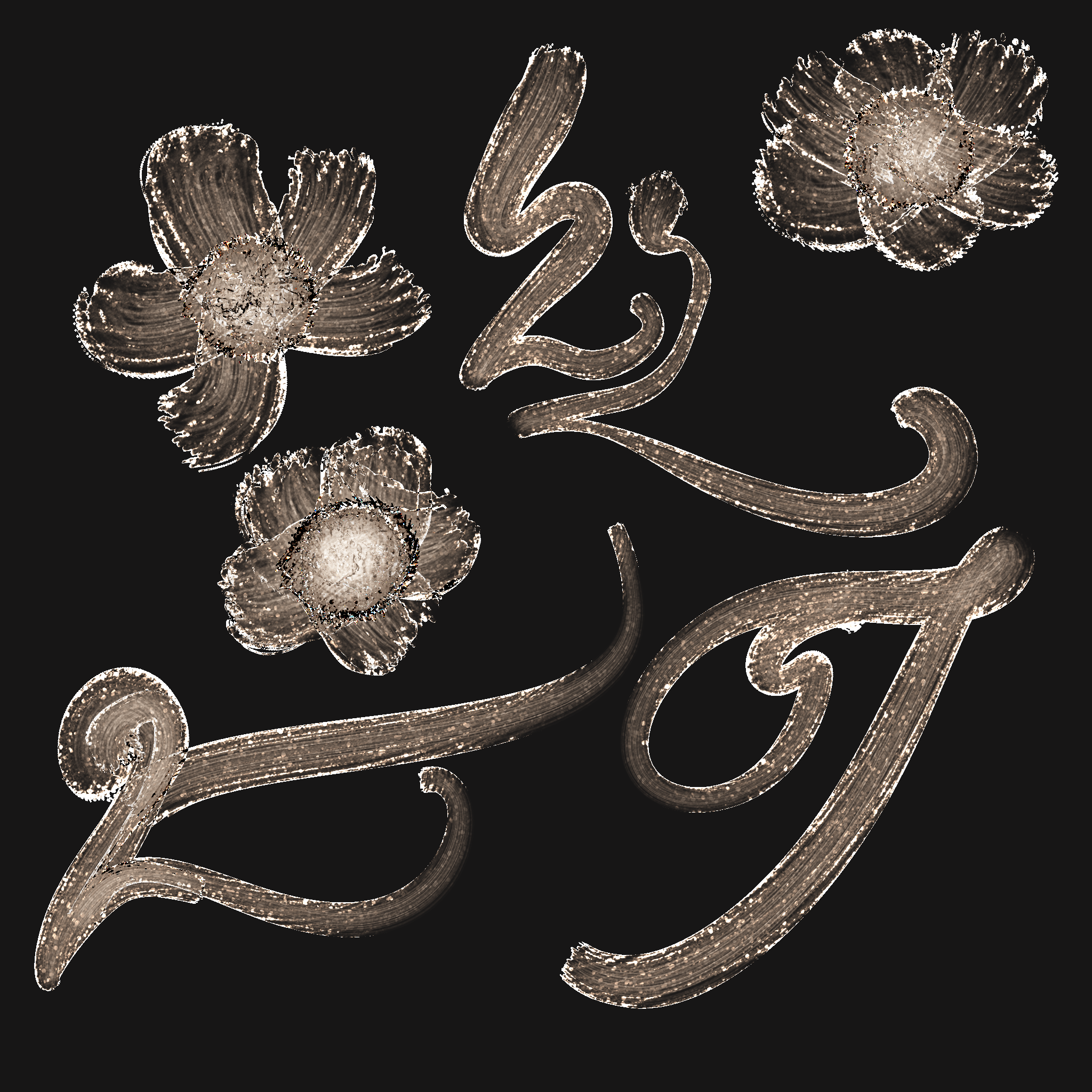 Gold brush glyphs and flowers on a dark ground
