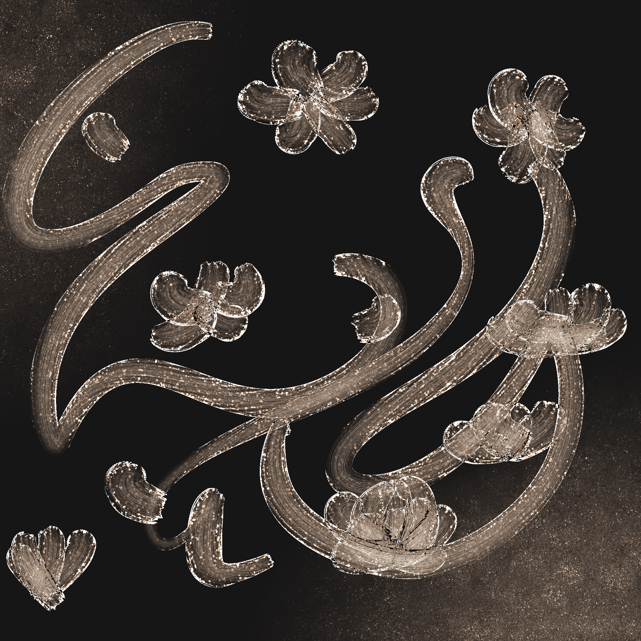 Flowing gold glyphs and flowers on black