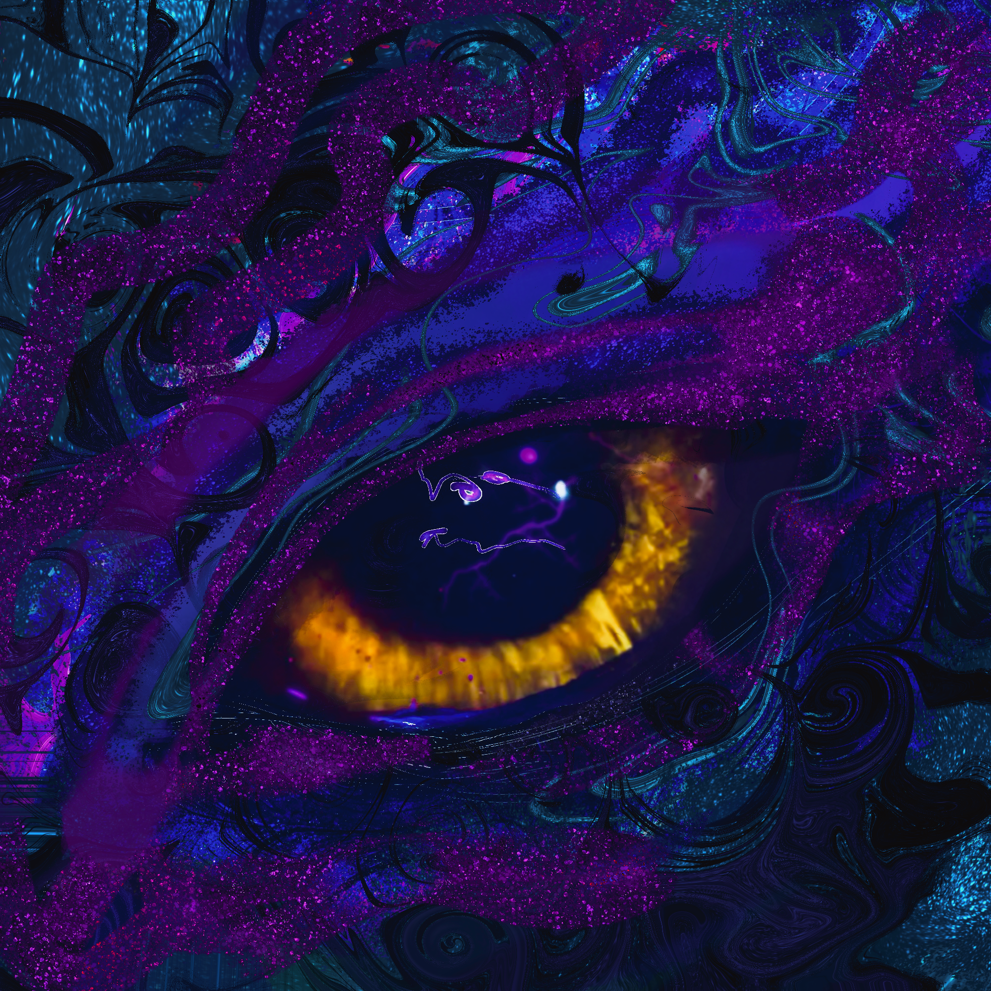 Golden eye emerging from a violet and indigo cosmic field