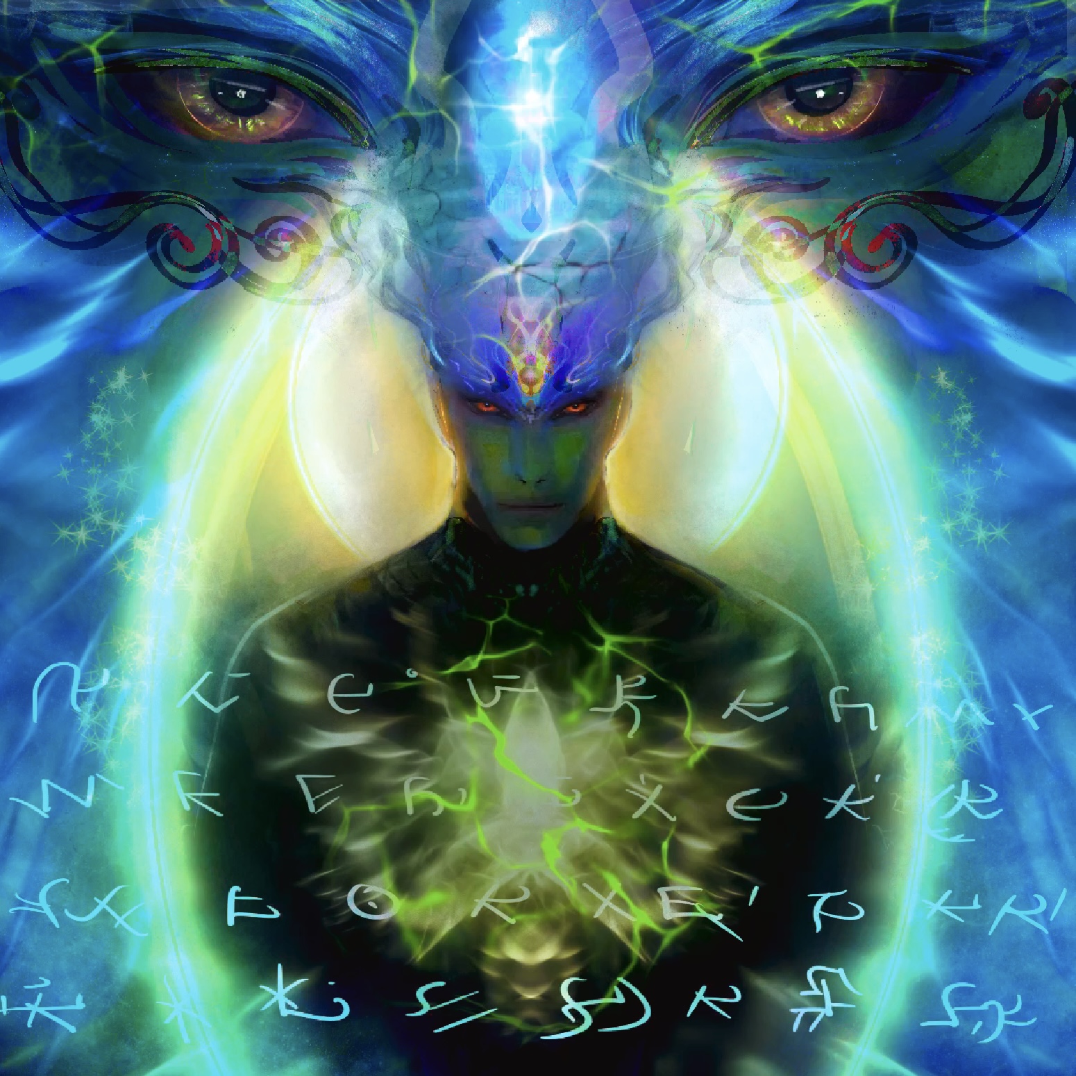 Luminous blue and green being surrounded by Ankhoric glyphs