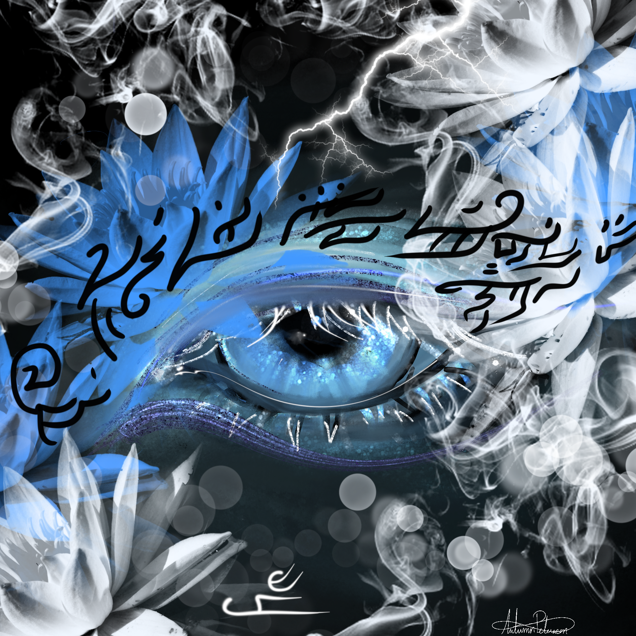 Blue eye surrounded by lotus petals, smoke, lightning, and glyphs