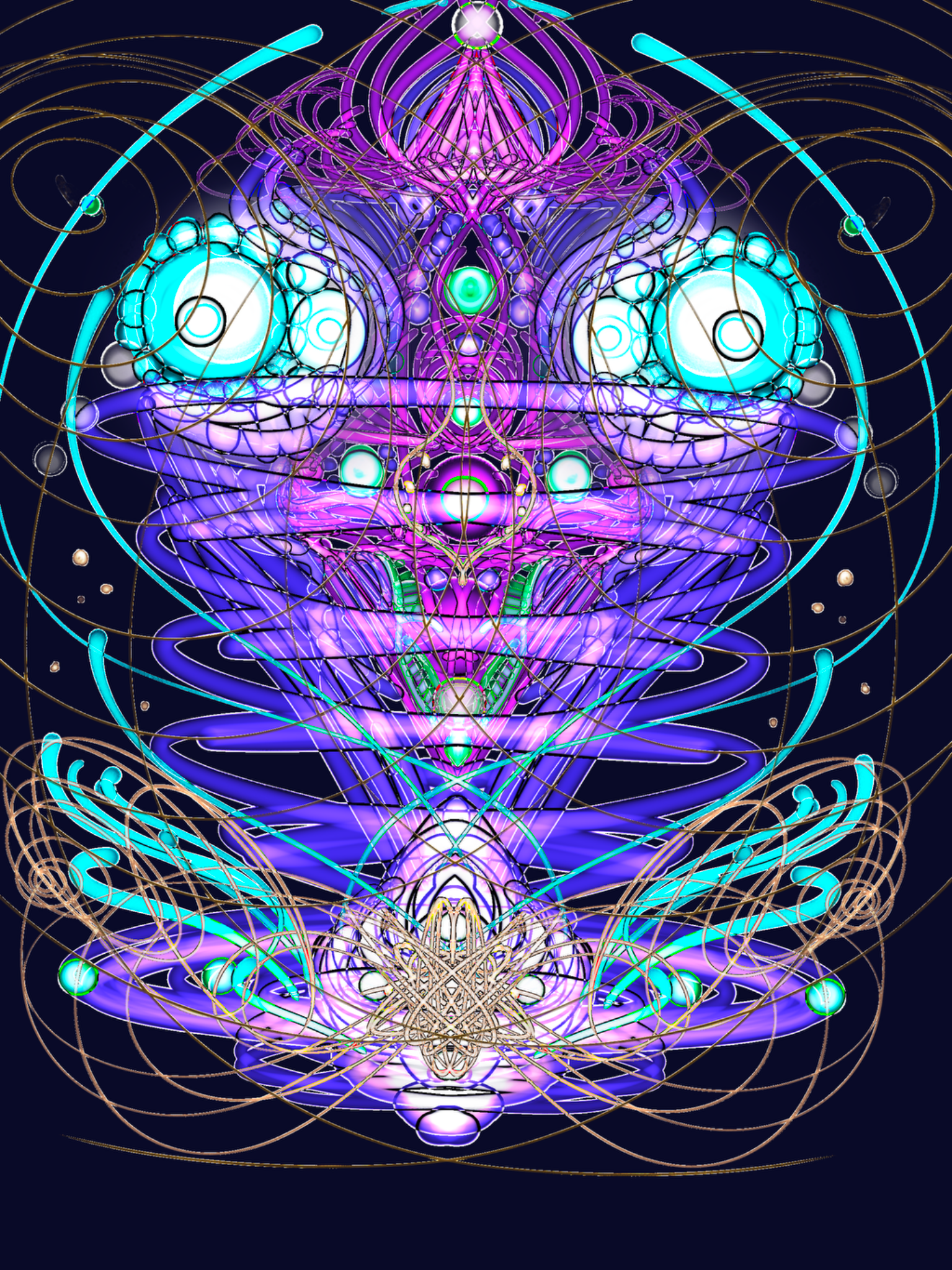 Intricate violet, cyan, and gold symmetrical energetic architecture
