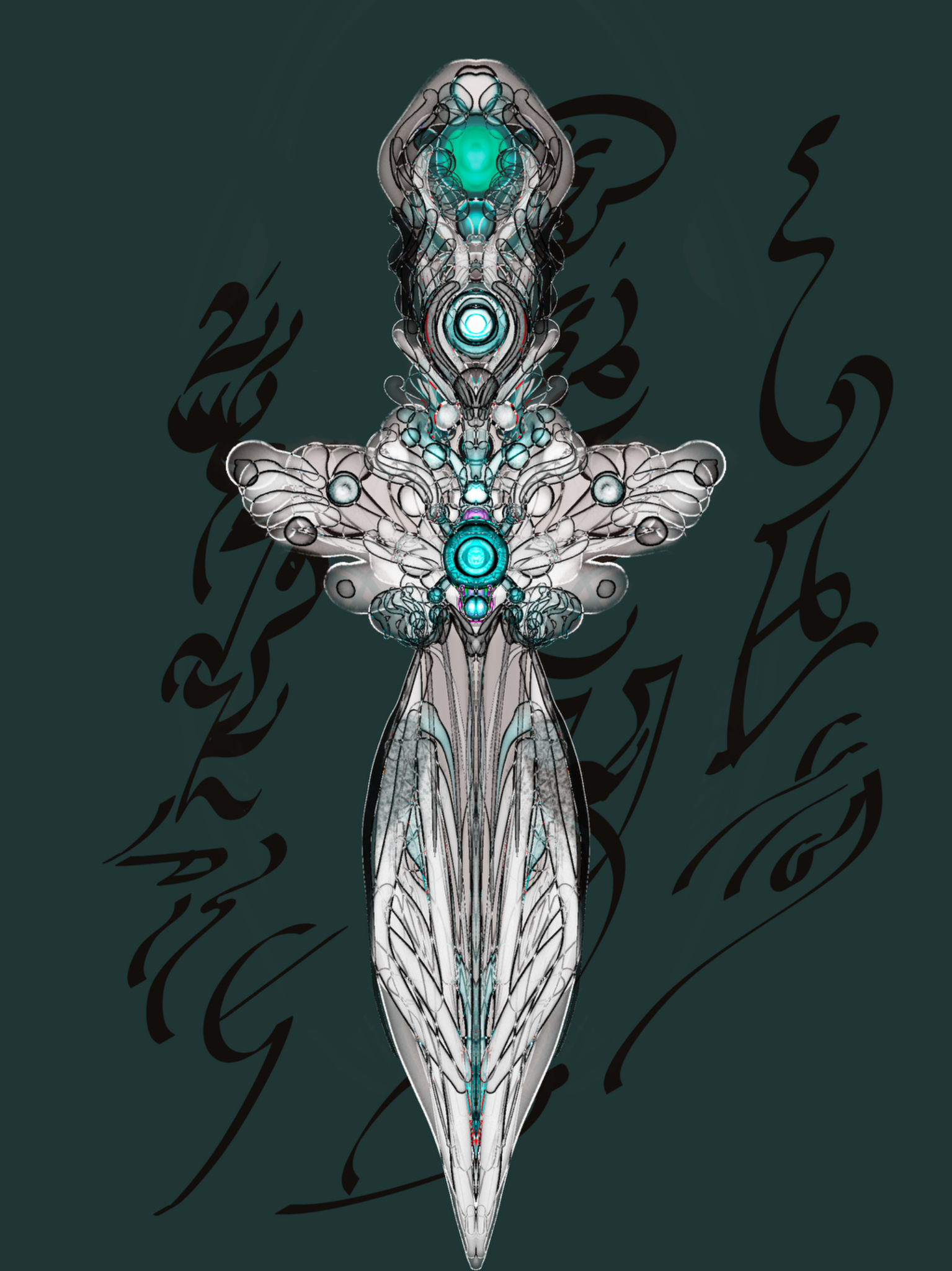 Tall silver and teal crystalline being surrounded by dark glyphs