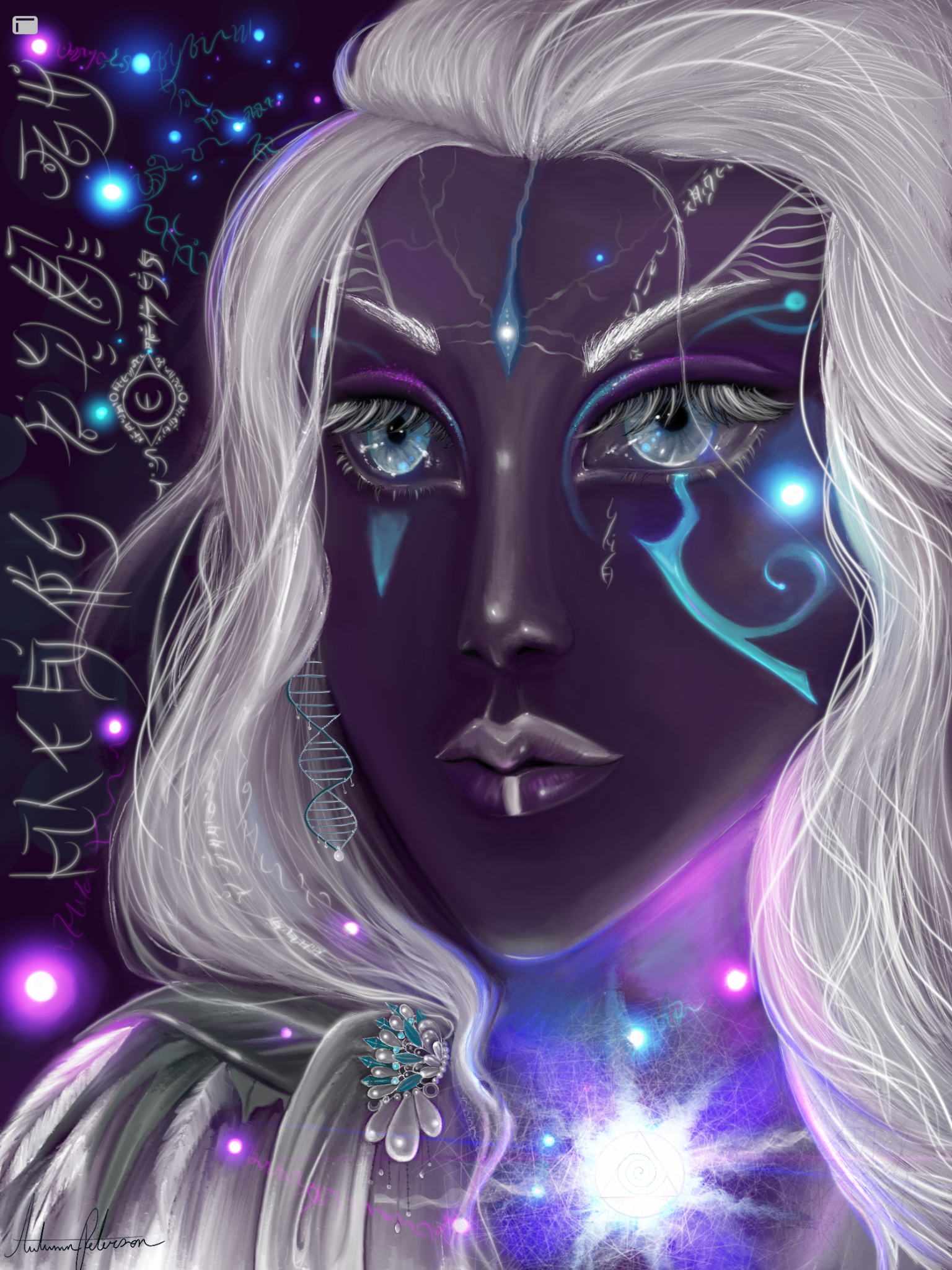 White-haired violet-skinned cosmic being surrounded by luminous glyphs